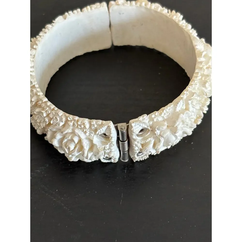Vintage 1940's Carved Celluloid Plastic Hinged Bracelet
